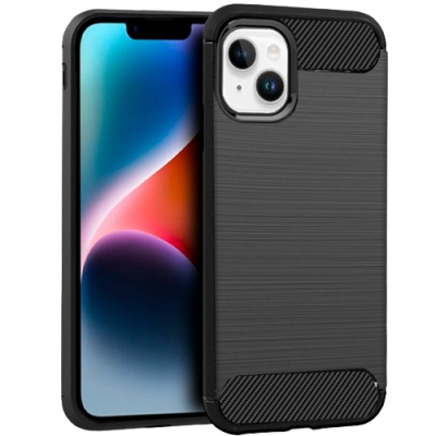 Capa protetora preta para smartphone com detalhes em fibra de carbono
