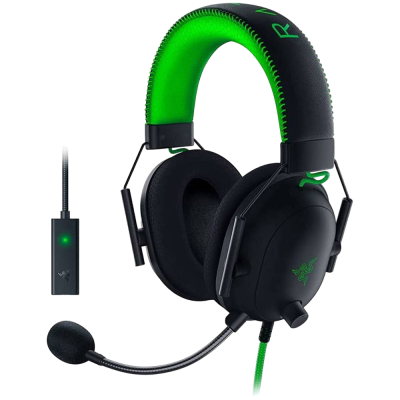 Headset gaming preto e verde com microfone e cabo trançado verde