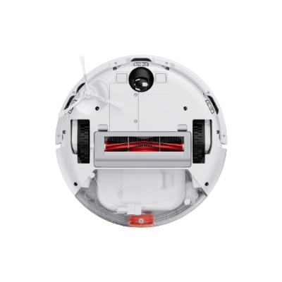 Vista inferior de aspirador robô branco com escovas vermelhas e rodas pretas