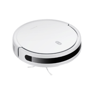 Aspirador robô branco com botão único e escova lateral