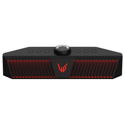 Coluna de som portátil preta com detalhes vermelhos e botões no topo