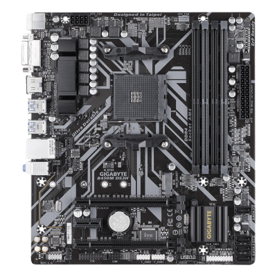 Placa-mãe GIGABYTE B450M DS3H micro ATX preta com padrões cinzentos