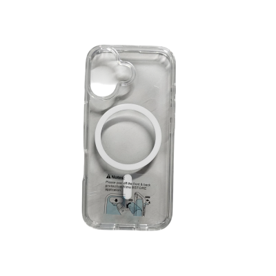 Capa transparente para telemóvel com anel branco MagSafe e instruções em inglês