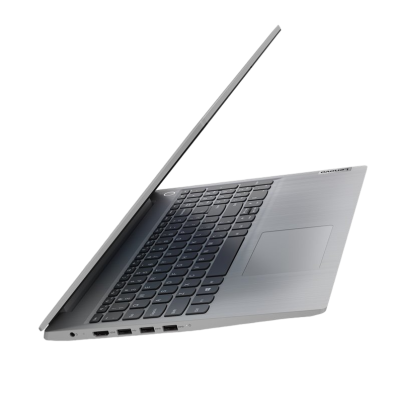 Computador portátil cinza prateado semiaberto com teclado preto e touchpad cinzento