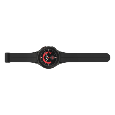 Relógio digital preto com mostrador redondo colorido em vermelho, branco e preto