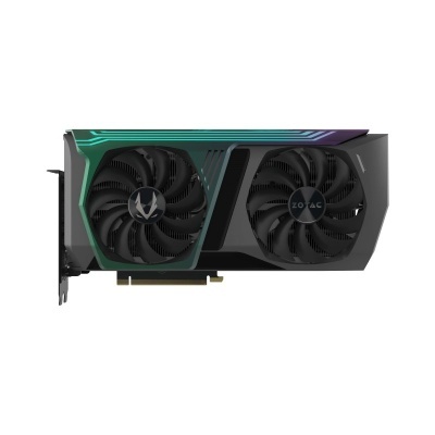 Placa gráfica ZOTAC preta com duas ventoinhas e detalhes verdes e azuis