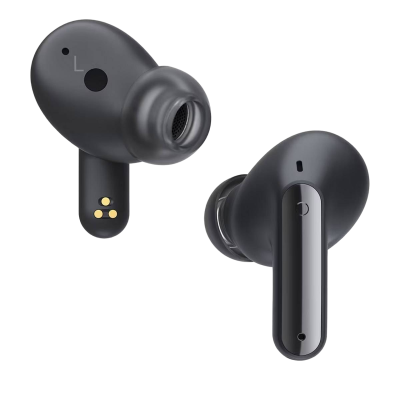 Auscultadores intra-auriculares sem fios pretos com detalhes dourados