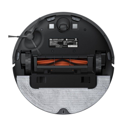 Robô aspirador de pó preto com escovas e pano de microfibra cinzento visto por baixo