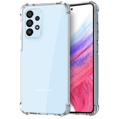 Smartphone Samsung azul claro com capa transparente