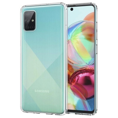 Smartphone Samsung azul com capa transparente e ecrã frontal grande