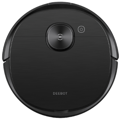 Aspirador robô preto DEEBOT com botão de energia iluminado