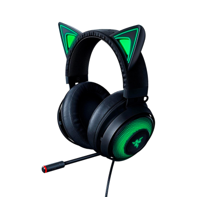 Headset gamer preto com orelhas de gato iluminadas a verde e microfone