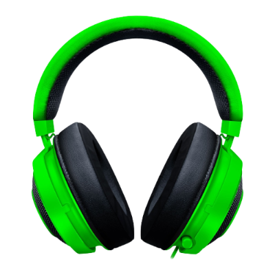 Auriculares verde neon com almofadas pretas e microfone integrado