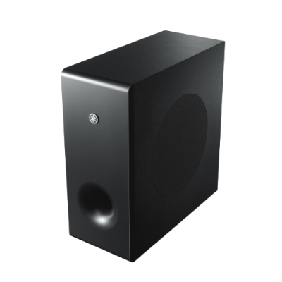 Subwoofer preto retangular com painel lateral tecido e detalhe iluminado