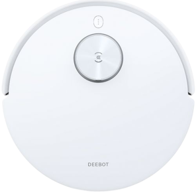 Robot aspirador branco redondo com botão prateado e texto DEEBOT