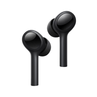 Earphones sem fios pretos com design oval e haste.