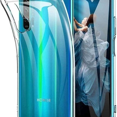 Smartphone Honor azul com capa transparente e câmara tripla