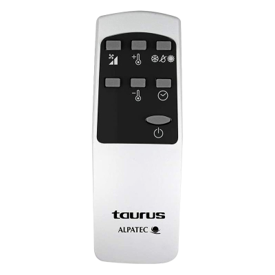 Comando remoto branco e preto com botões e texto Taurus ALPATEC