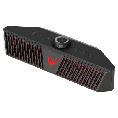 Coluna portátil preta com grelha vermelha e botão giratório central