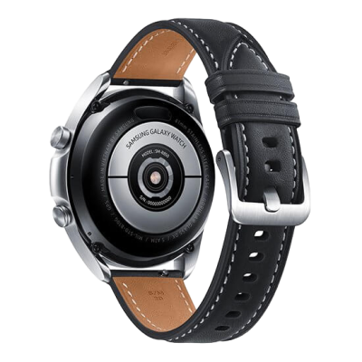 Relógio inteligente Samsung Galaxy Watch vista do verso e pulseira de couro preta