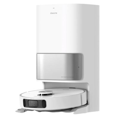 Robô aspirador branco com base de carregamento e recolha automática