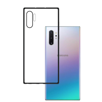 Smartphone Samsung com capa transparente preta, fundo degradê azul e roxo