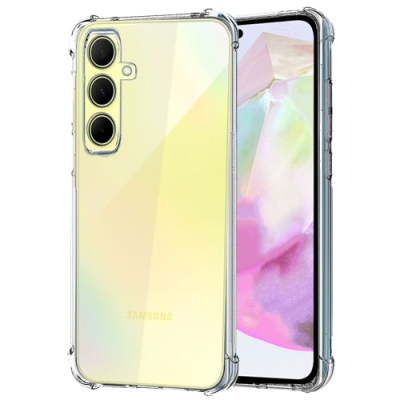 Telemóvel Samsung com capa transparente e traseira amarela iridescente