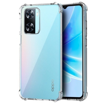 smartphone OPPO azul com capa transparente de silicone e câmara dupla