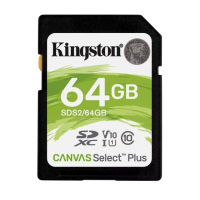 Cartão de memória SD Kingston 64GB preto com etiqueta branca e verde