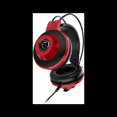 Auricular over-ear vermelho e preto com cabo