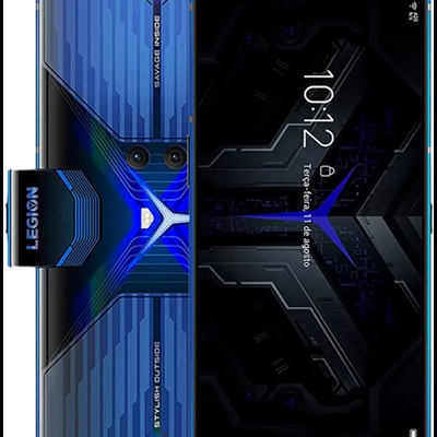 Smartphone azul e preto com design futurista e texto LEGION