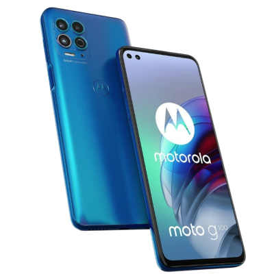 Smartphone Motorola moto g100 azul com quatro câmaras e ecrã frontal ligado