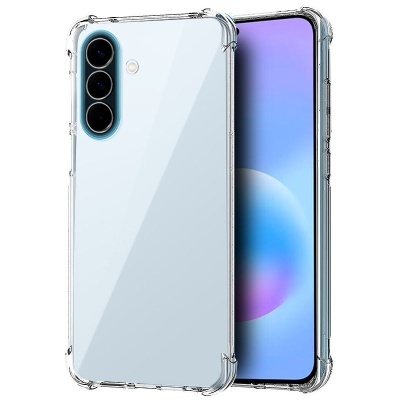 Smartphone com capa transparente mostrando frente e traseira com três câmaras