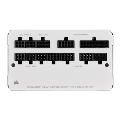 Fonte de alimentação modular branca com portas pretas e texto de especificação