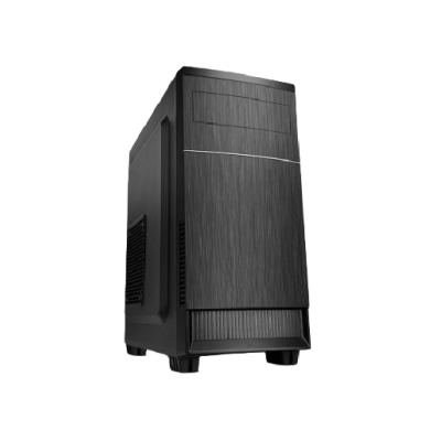 Computador de secretária preto com textura de metal escovado