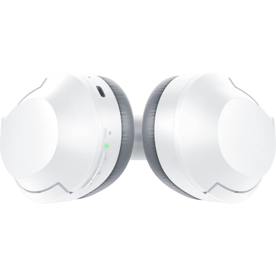 Auscultadores wireless brancos com almofadas cinzentas e design arredondado