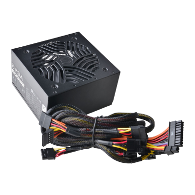 Fonte de alimentação para computador preta com ventilador e cabos organizados