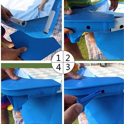 Montagem passo a passo de estrutura azul plástica com tubos brancos em ambiente exterior