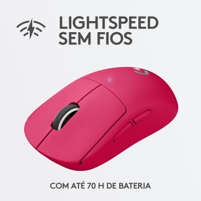 Rato wireless rosa com scroll cinzento e texto promocional.