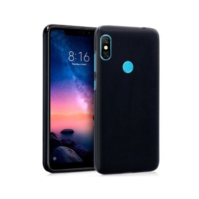 Smartphone com capa protetora preta e botões azuis