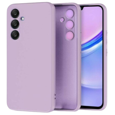 Capa protetora lilás para smartphone ao lado de telemóvel com ecrã azul e lilás