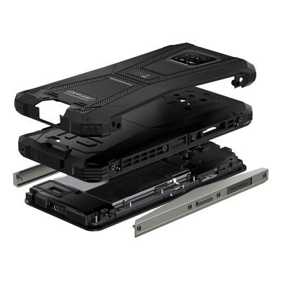 Telemóvel desmontado em várias partes, estrutura metálica prateada e carcaça preta