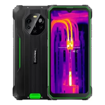 Smartphone Blackview preto e verde com ecrã a mostrar imagem térmica