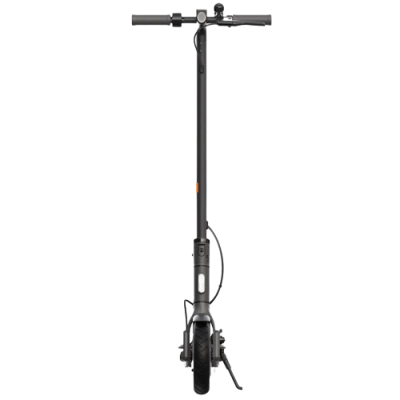 Trotinete elétrica preta vista de frente com roda grande e suporte lateral