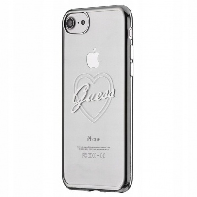 Capa transparente para iPhone com bordas cinza prateadas e logo GUESS em relevo