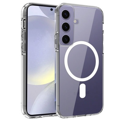 Smartphone Samsung roxo com capa protetora transparente e apontador branco