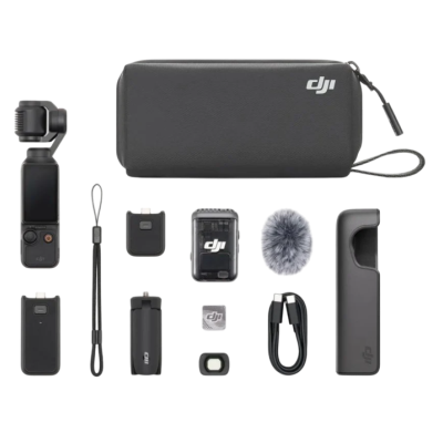 Conjunto DJI com câmera portátil, microfone, adaptadores, cabos e bolsa preta