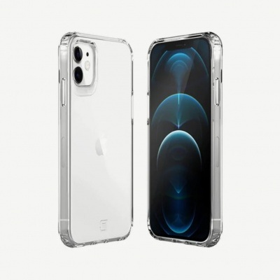 smartphone com capa protetora transparente e ecrã ligado com padrão azul