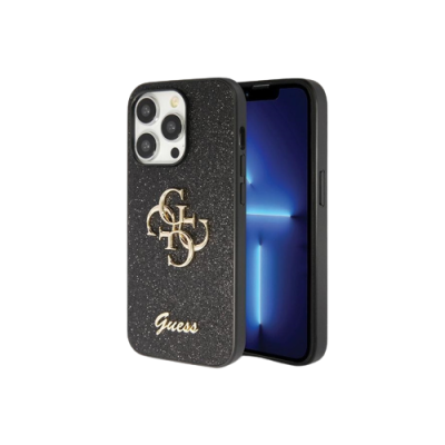 Capa preta para smartphone com letras douradas entrelaçadas e marca Guess