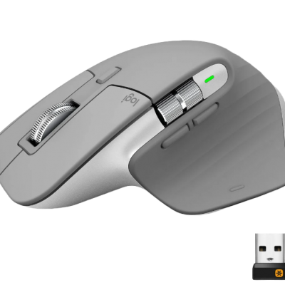 Rato sem fios cinza com roda de scroll prateada e receptor USB